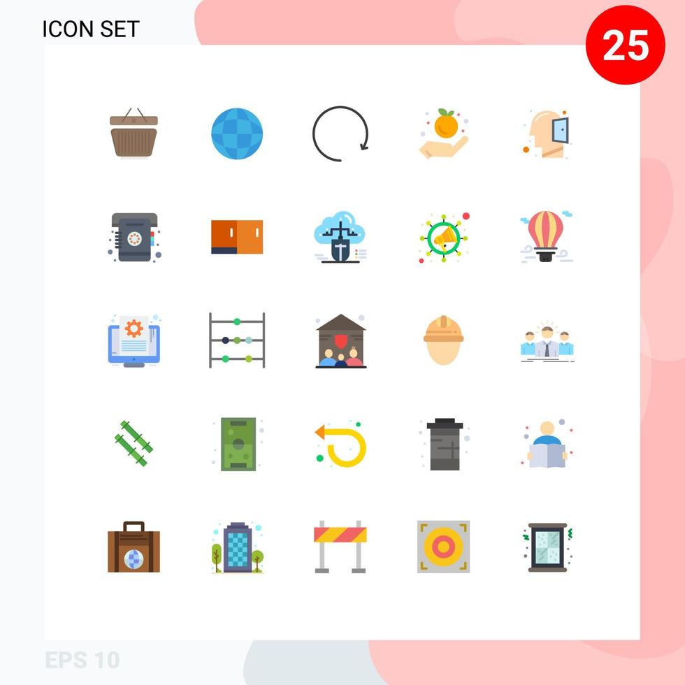 paquete de 25 signos y símbolos modernos de colores planos para medios de impresión web, como elementos de diseño de vectores editables de alimentos con cabeza de flecha mental pensante