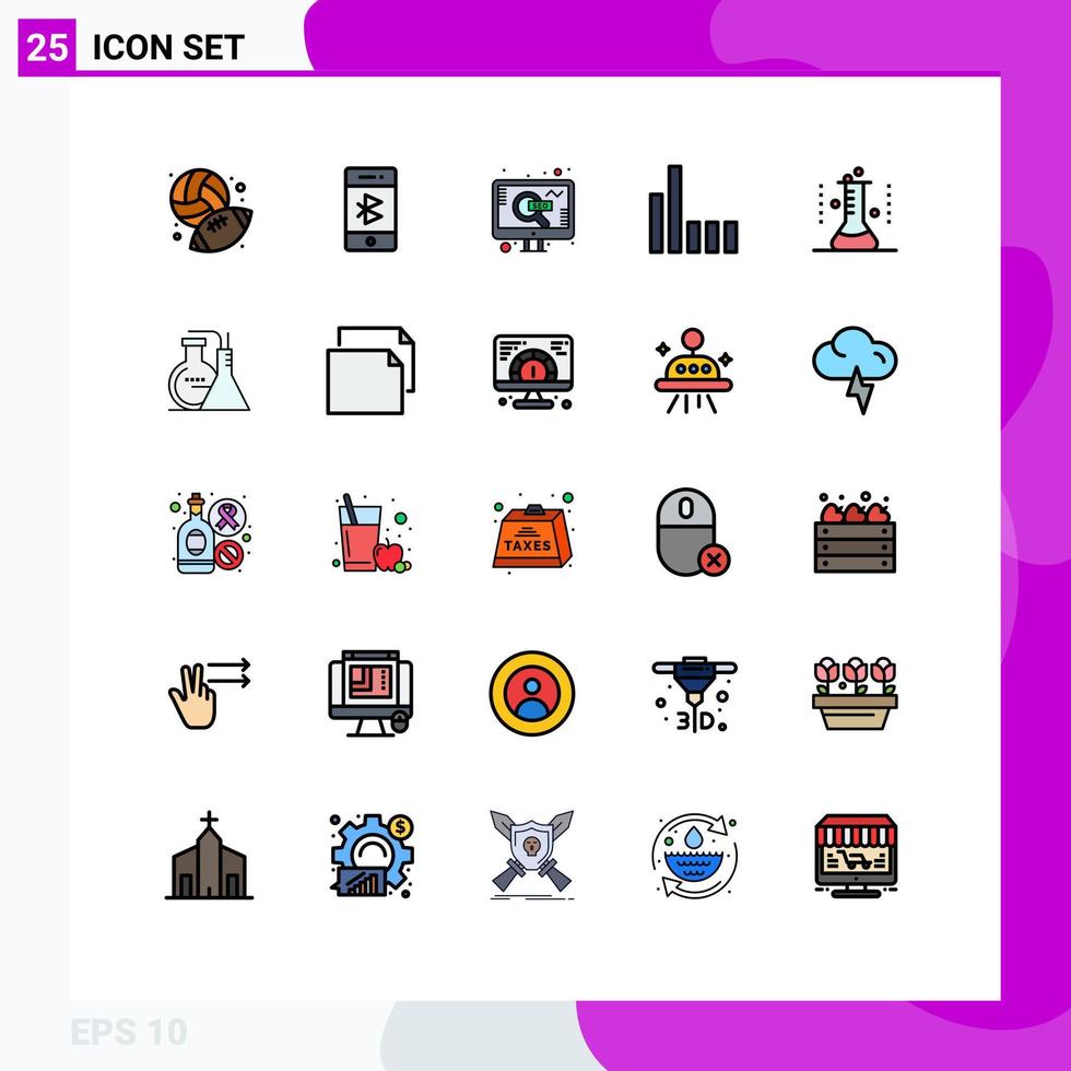 Pack of 25 creative Filled line Flat Colors of erlenmeyer flask signal phone phone search Editable Vector Design Elements