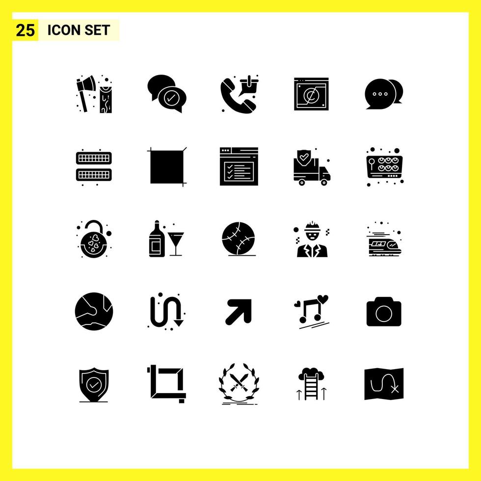 Pack of 25 Modern Solid Glyphs Signs and Symbols for Web Print Media such as domain copyright chatting business sale Editable Vector Design Elements