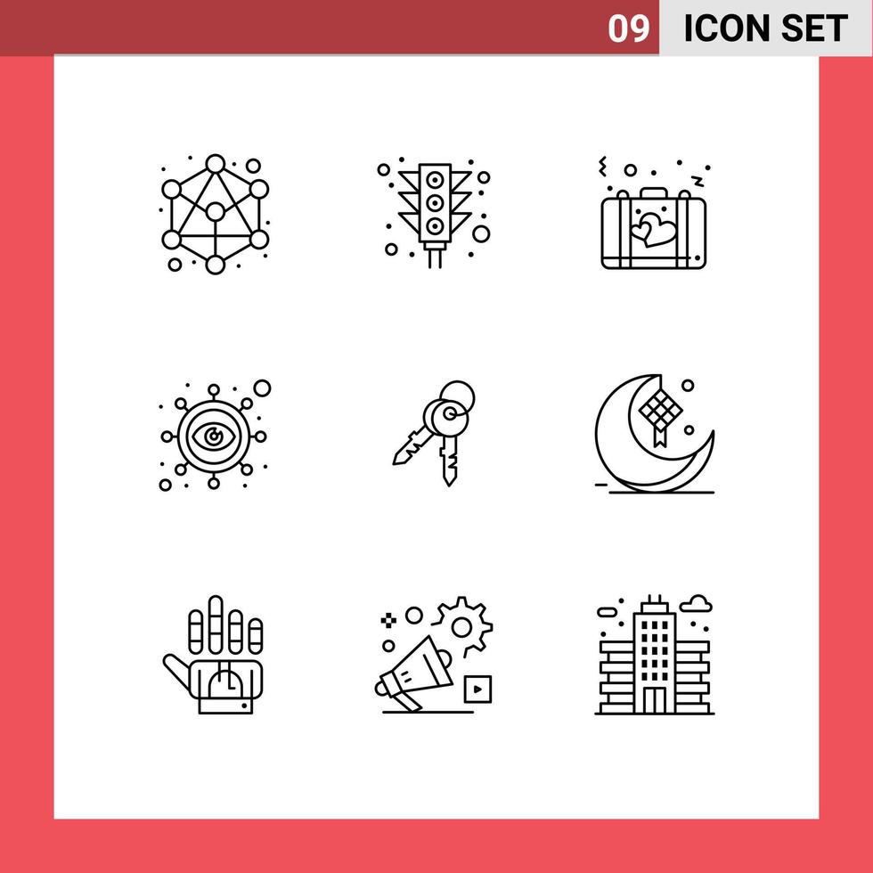 Editable Vector Line Pack of 9 Simple Outlines of door vision briefcase marketing business Editable Vector Design Elements