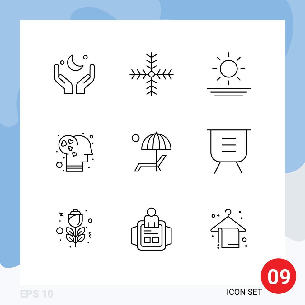 Modern Set of 9 Outlines Pictograph of umbrella love winter intelligence brain Editable Vector Design Elements