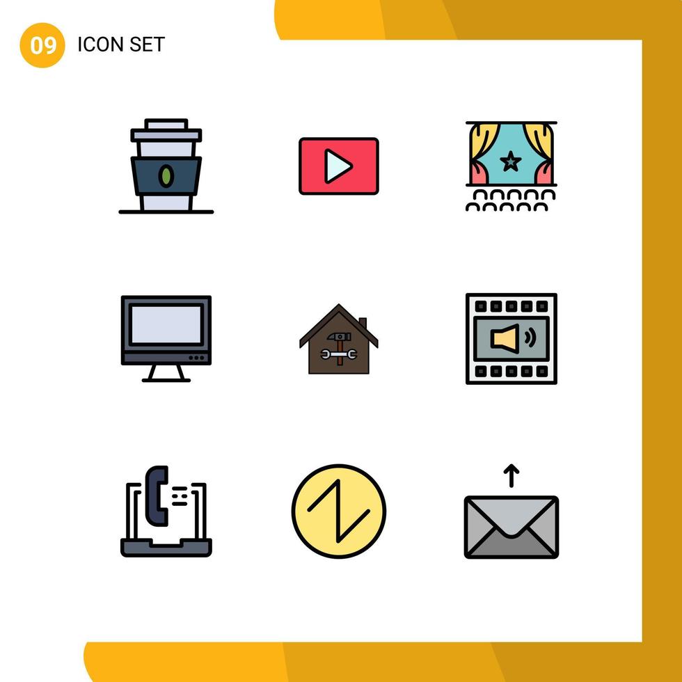 9 User Interface Filledline Flat Color Pack of modern Signs and Symbols of imac monitor player computer performance Editable Vector Design Elements