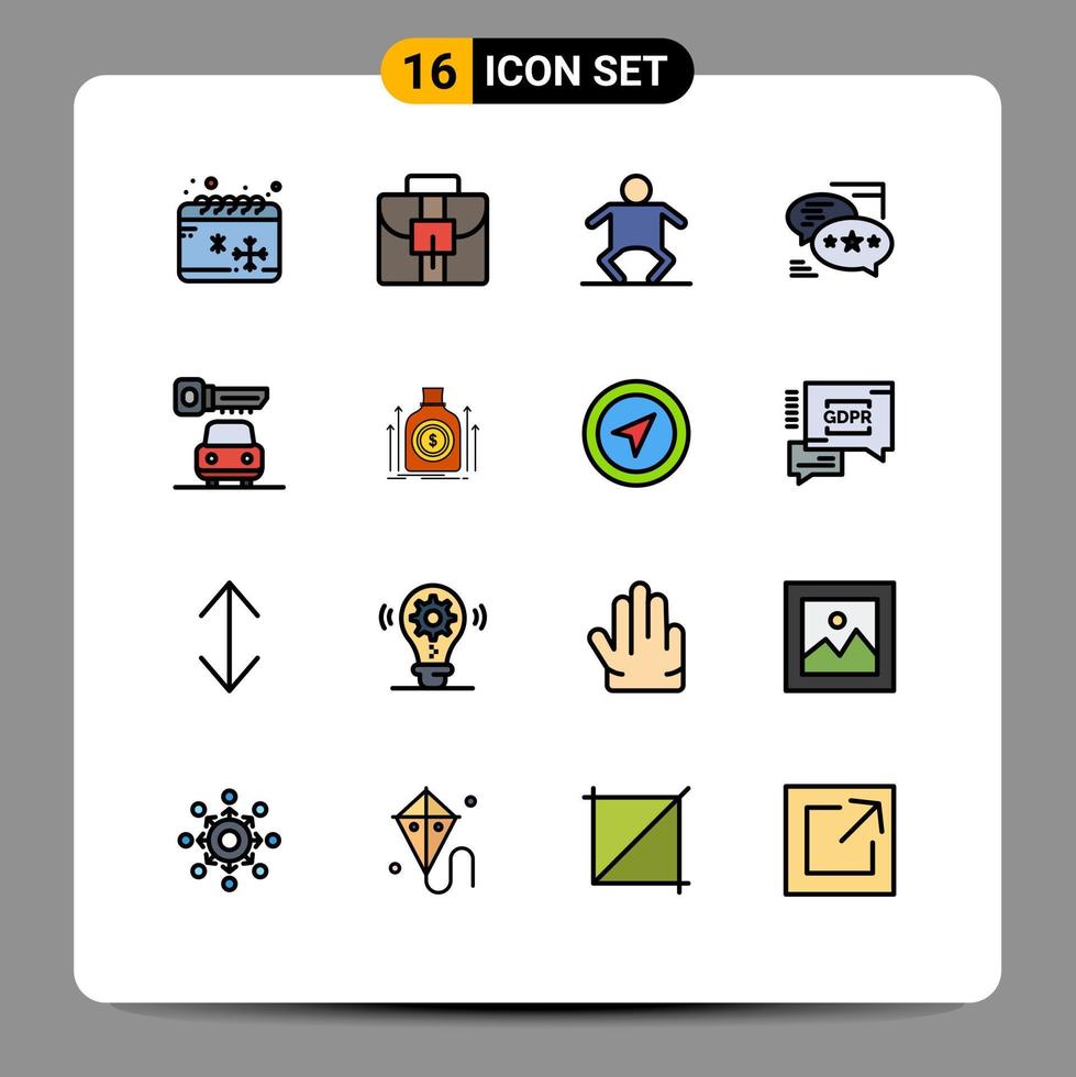 16 líneas llenas de colores planos universales establecidas para aplicaciones web y móviles seguridad coche humano sms llamada elementos de diseño de vectores creativos editables