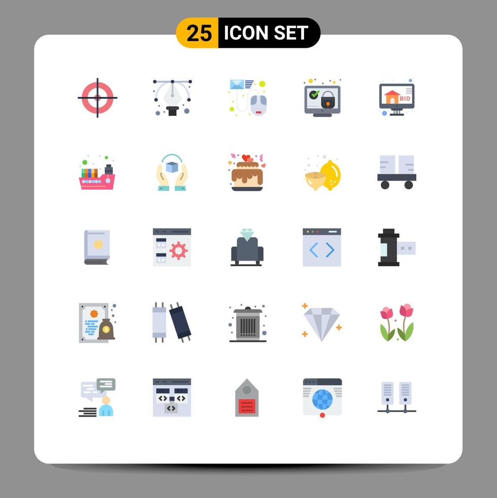 Modern Set of 25 Flat Colors Pictograph of bidding security file check screen Editable Vector Design Elements