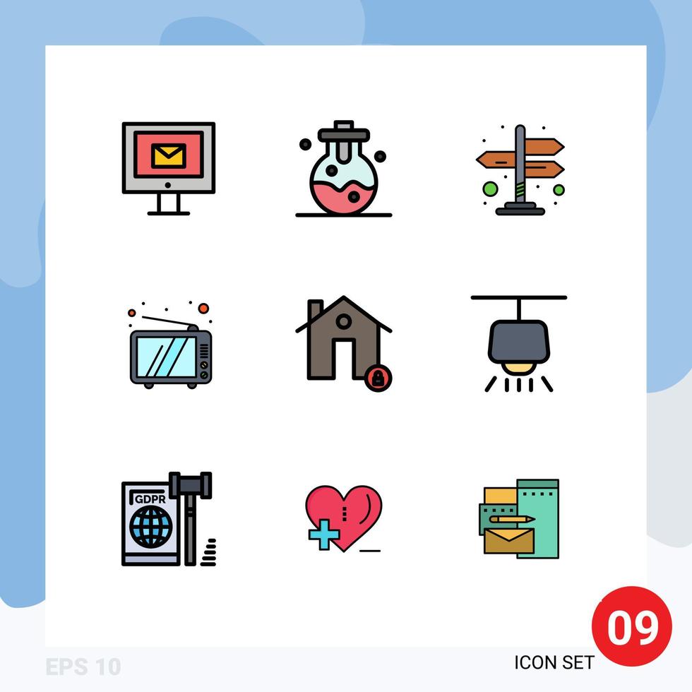 User Interface Pack of 9 Basic Filledline Flat Colors of lock estate navigation buildings tv Editable Vector Design Elements
