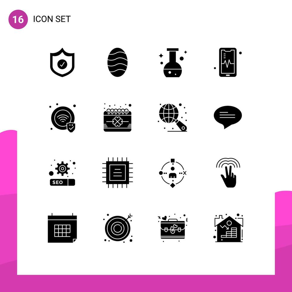 User Interface Pack of 16 Basic Solid Glyphs of date wifi lab security beat Editable Vector Design Elements