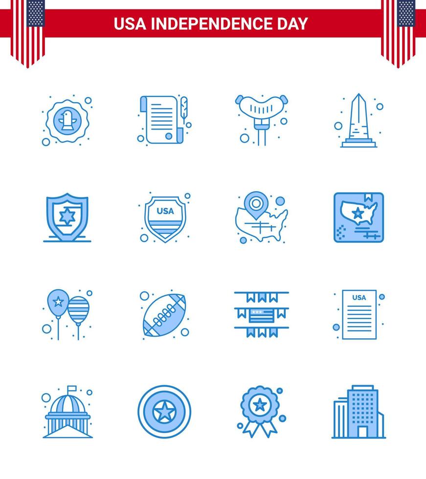 4th July USA Happy Independence Day Icon Symbols Group of 16 Modern Blues of protection washington food usa monument Editable USA Day Vector Design Elements