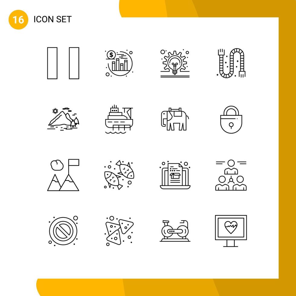 Group of 16 Modern Outlines Set for ship mountain construction landscape nature Editable Vector Design Elements