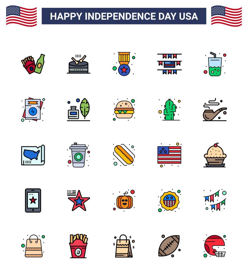 Big Pack of 25 USA Happy Independence Day USA Vector Flat Filled Lines and Editable Symbols of cola drink badge glass party decoration Editable USA Day Vector Design Elements