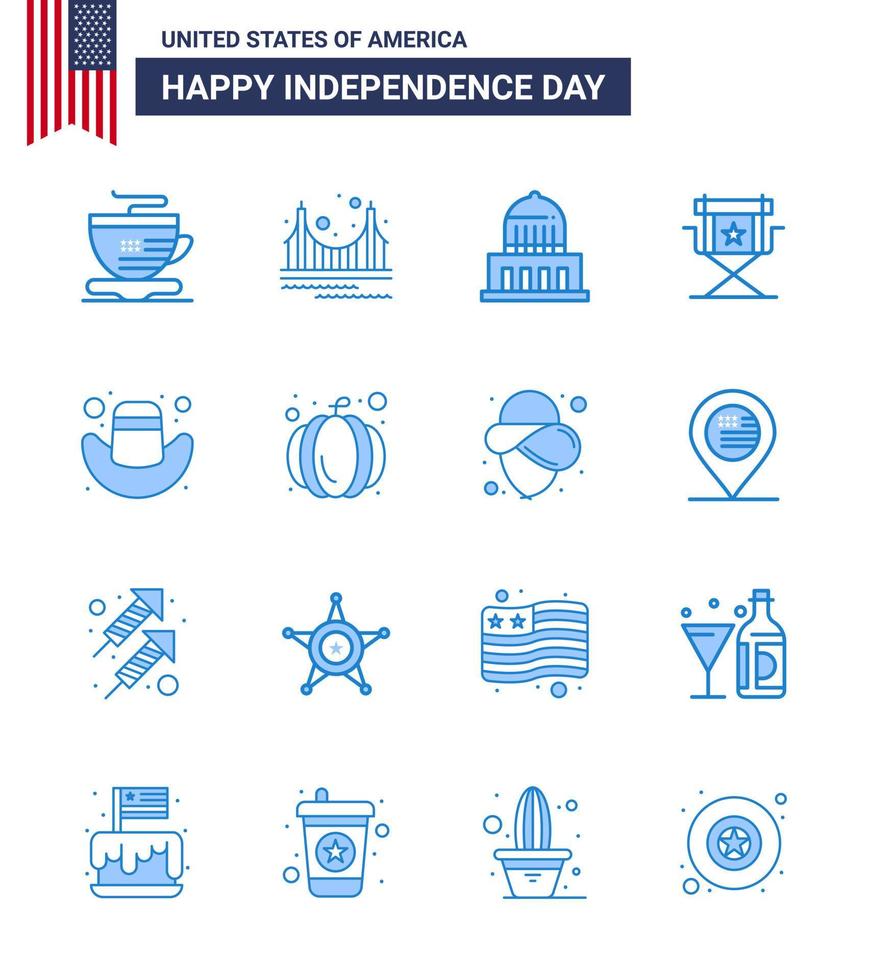 Pack of 16 USA Independence Day Celebration Blues Signs and 4th July Symbols such as american star building movies chair Editable USA Day Vector Design Elements