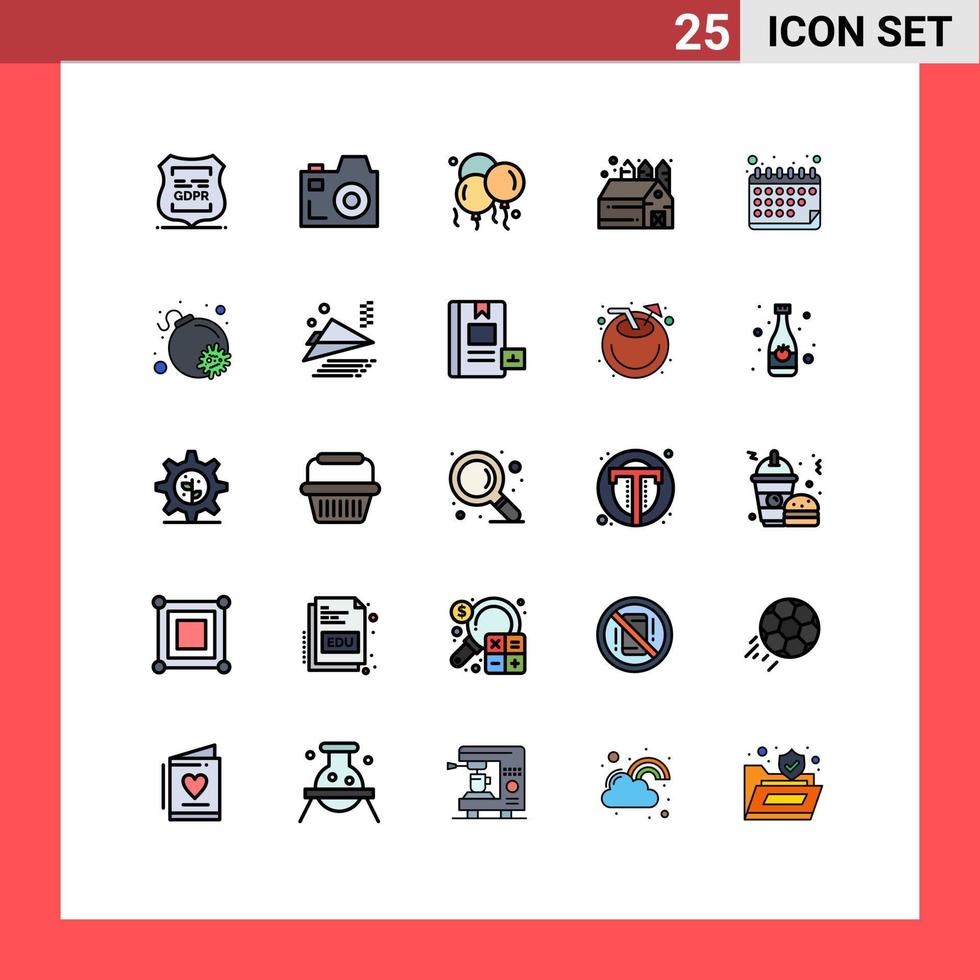 25 Universal Filled line Flat Color Signs Symbols of date appointment balloon storehouse agriculture Editable Vector Design Elements