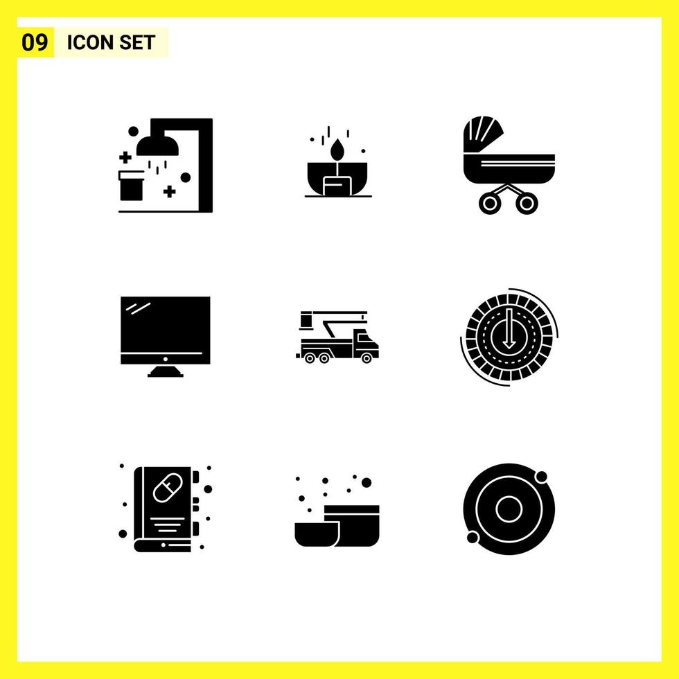 Group of 9 Modern Solid Glyphs Set for imac monitor shine computer push Editable Vector Design Elements