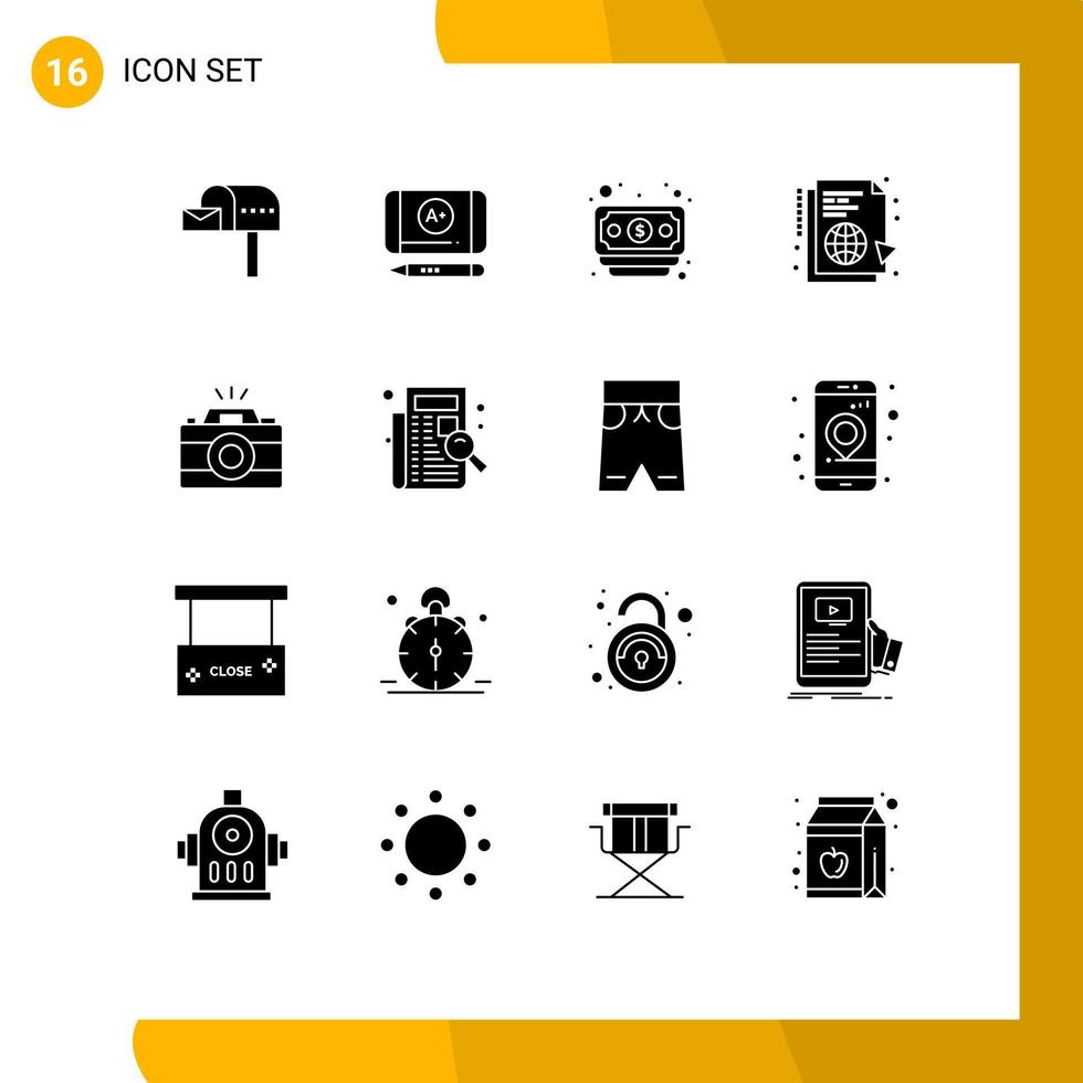 Set of 16 Vector Solid Glyphs on Grid for photo camera dollar sync globe Editable Vector Design Elements