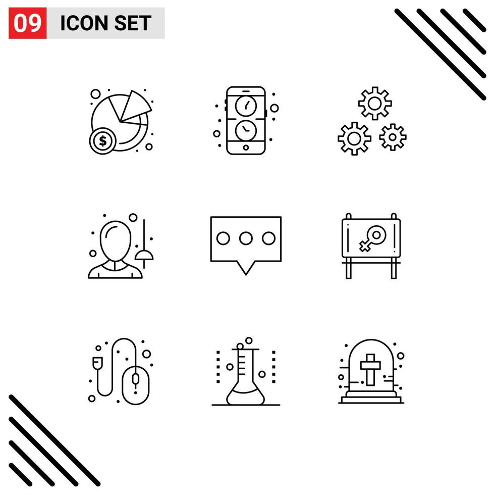 Pictogram Set of 9 Simple Outlines of message bubble gears sword fencing Editable Vector Design Elements