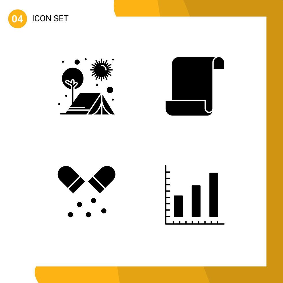 Pack of 4 Modern Solid Glyphs Signs and Symbols for Web Print Media such as camp medication outdoors log pills Editable Vector Design Elements