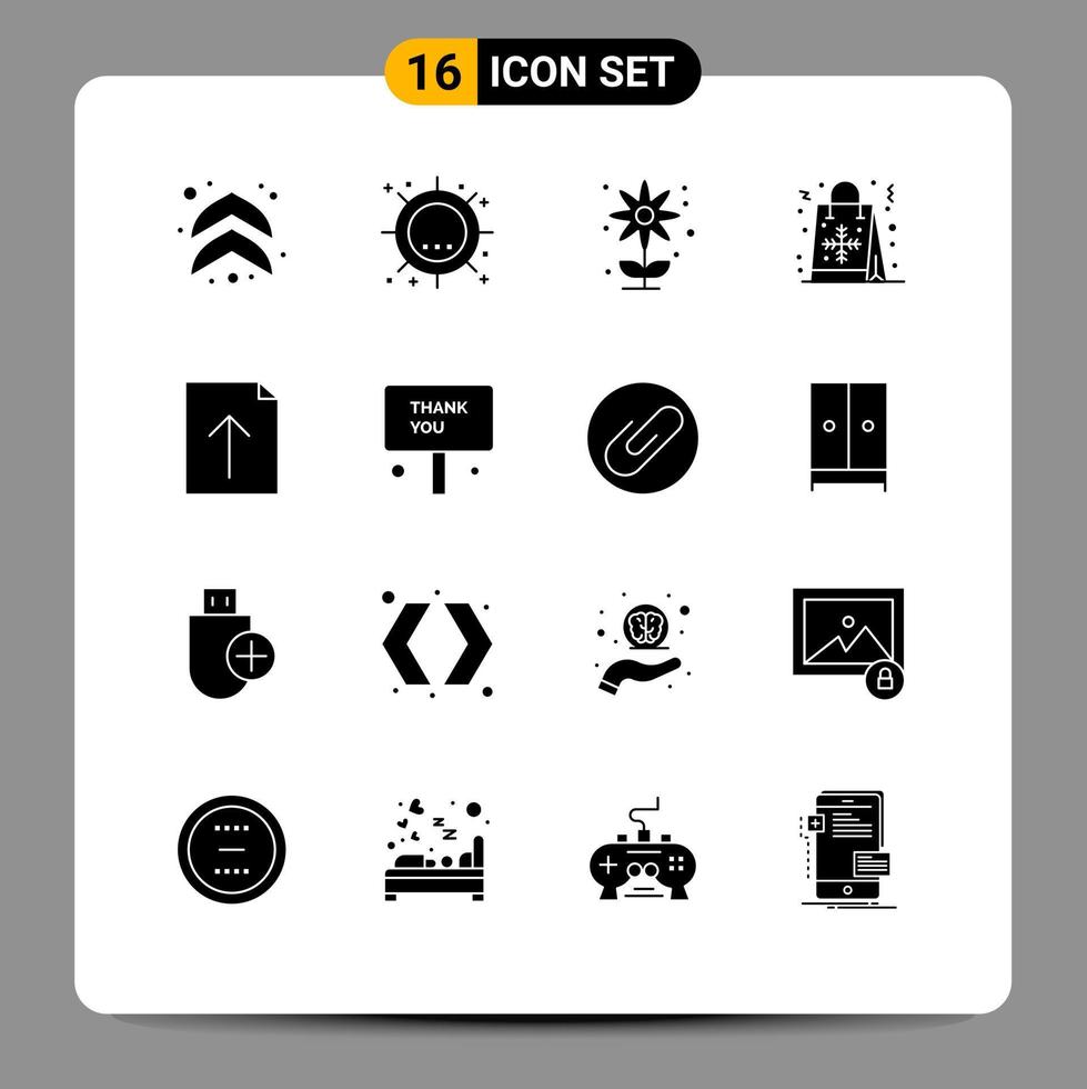 Pack of 16 Modern Solid Glyphs Signs and Symbols for Web Print Media such as document shopping agriculture flake bag Editable Vector Design Elements