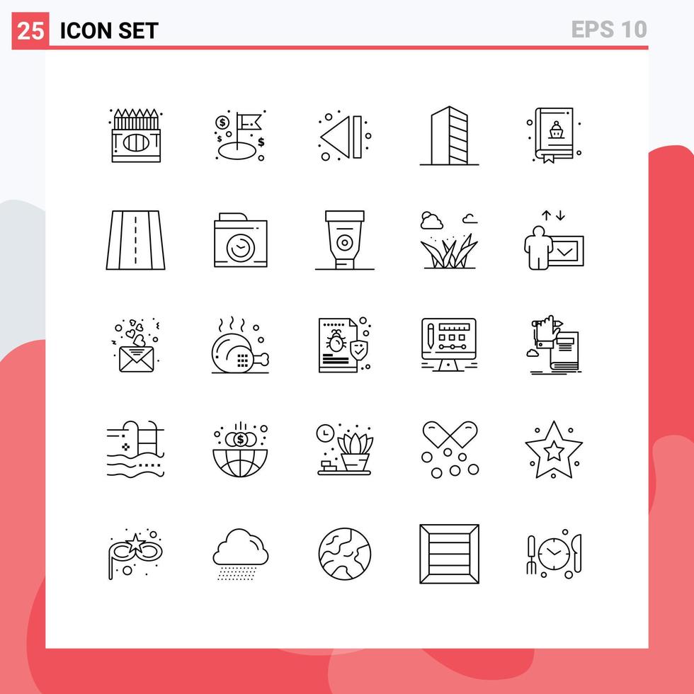 User Interface Pack of 25 Basic Lines of baking landscape management house buildings Editable Vector Design Elements