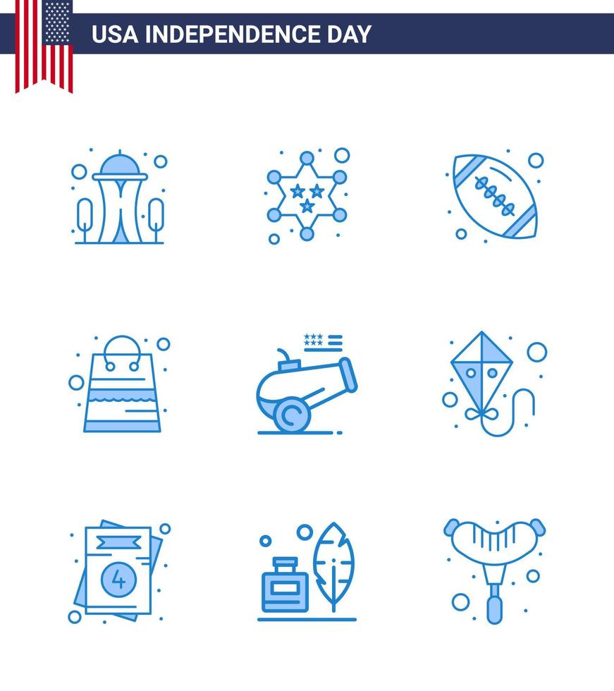 Big Pack of 9 USA Happy Independence Day USA Vector Blues and Editable Symbols of cannon shop ball packages bag Editable USA Day Vector Design Elements