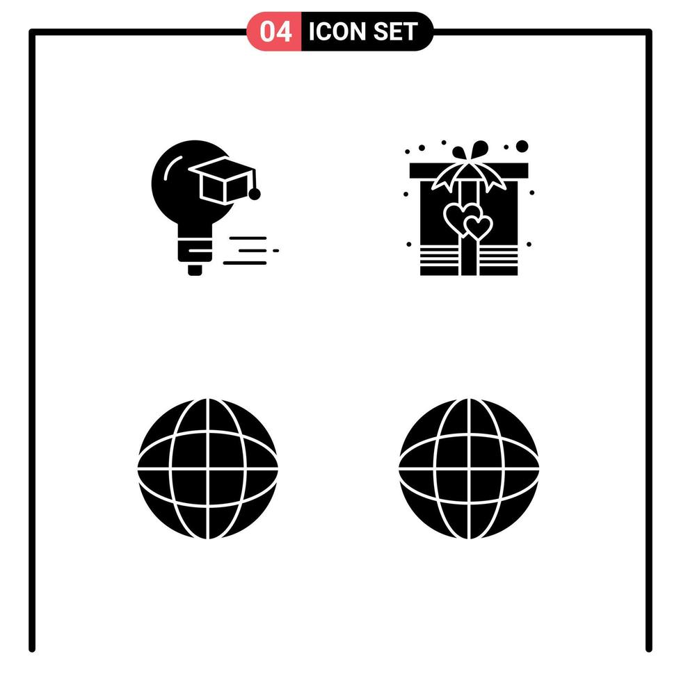 Group of 4 Modern Solid Glyphs Set for bulb geography graduation present internet Editable Vector Design Elements