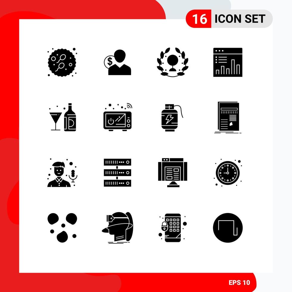 16 User Interface Solid Glyph Pack of modern Signs and Symbols of chart analysis finance leaf day Editable Vector Design Elements