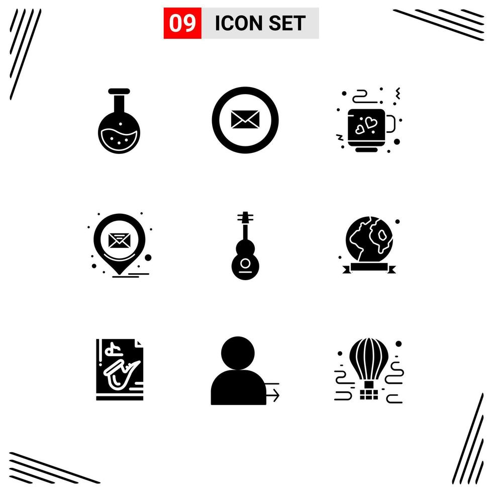 Pictogram Set of 9 Simple Solid Glyphs of music audio coffee message location Editable Vector Design Elements