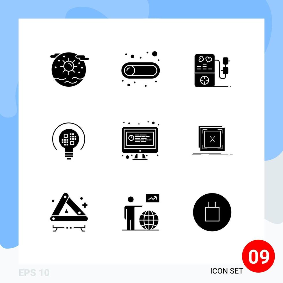 Pack of 9 Modern Solid Glyphs Signs and Symbols for Web Print Media such as online bulb toggle light data Editable Vector Design Elements