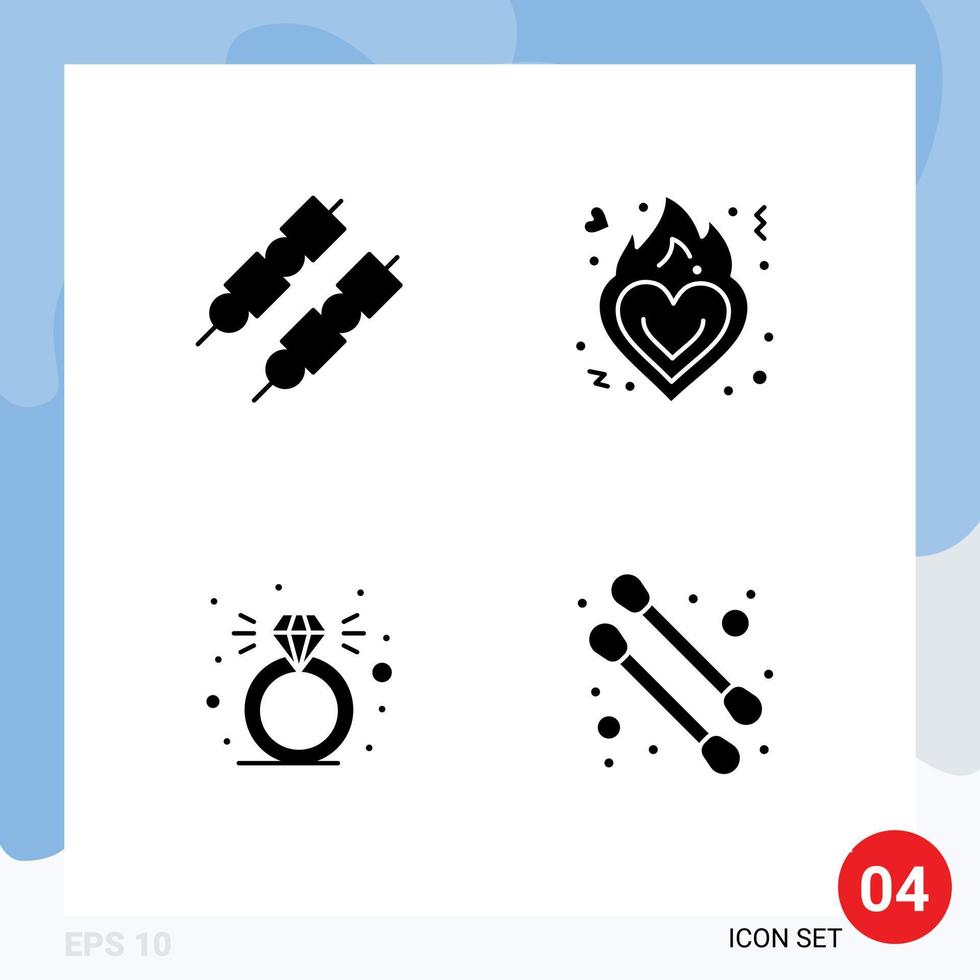 4 User Interface Solid Glyph Pack of modern Signs and Symbols of barbeque ring fire romance cotton swab Editable Vector Design Elements