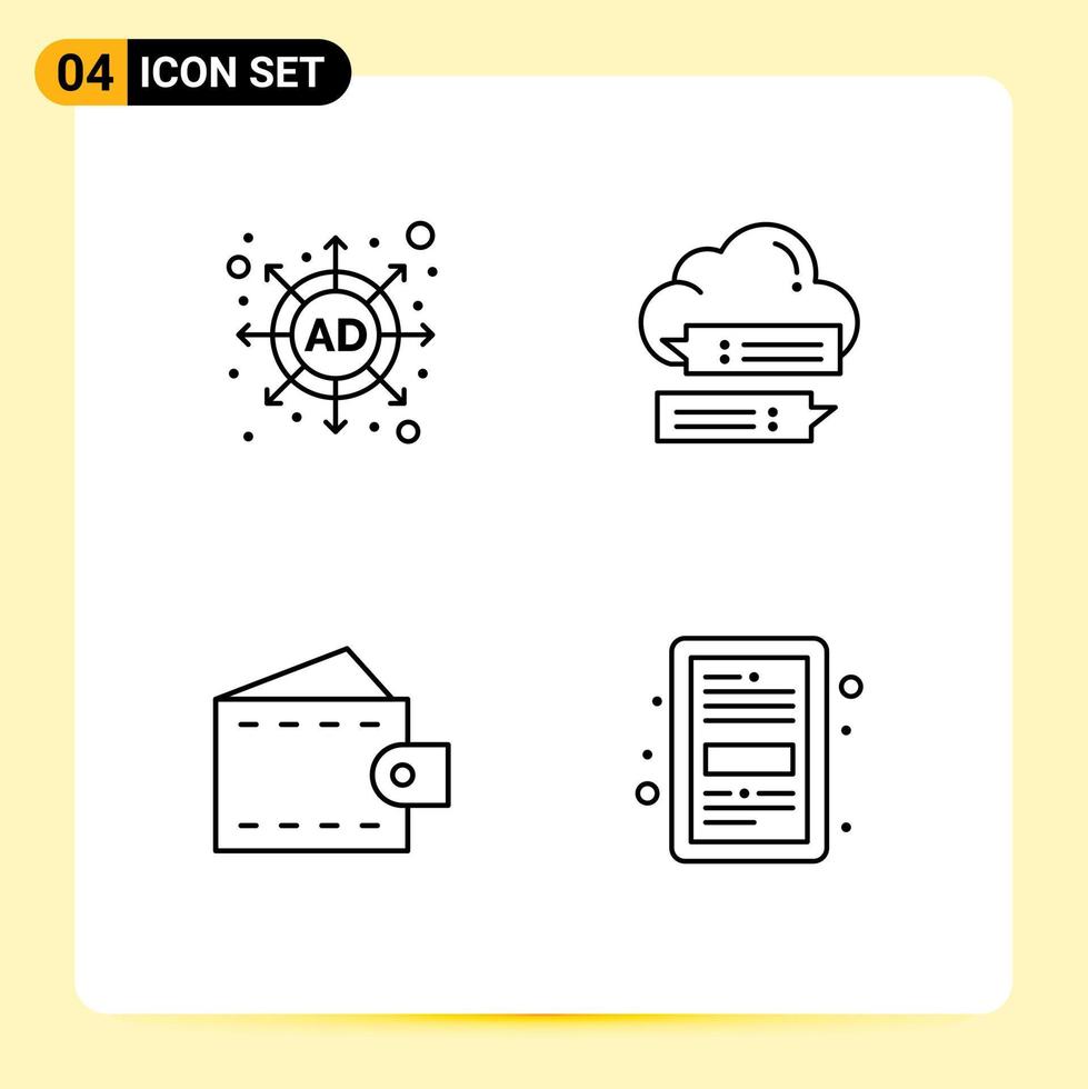 Mobile Interface Line Set of 4 Pictograms of ad fashion chat cloud wallet Editable Vector Design Elements