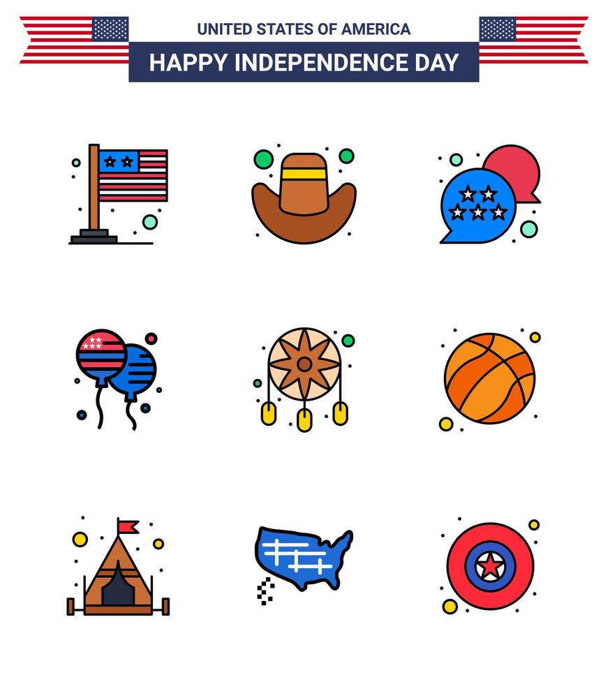 Flat Filled Line Pack of 9 USA Independence Day Symbols of dream catcher adornment usa american bloons Editable USA Day Vector Design Elements
