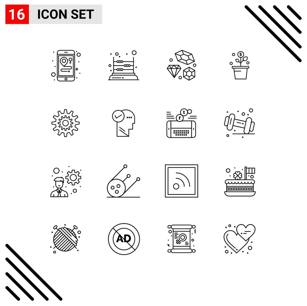 Editable Vector Line Pack of 16 Simple Outlines of settings pot diamond success growing Editable Vector Design Elements