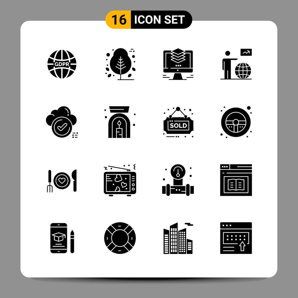 16 símbolos de glifo de paquete de iconos negros signos para diseños receptivos sobre fondo blanco 16 iconos establecen fondo de vector de icono negro creativo