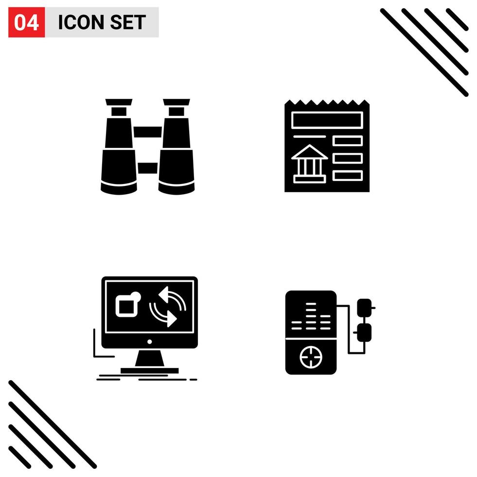 4 Universal Solid Glyphs Set for Web and Mobile Applications binoculars application basic bank sync Editable Vector Design Elements