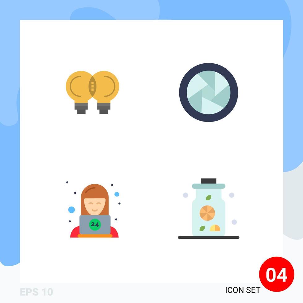 Mobile Interface Flat Icon Set of 4 Pictograms of idea technical thinking camera lenses water Editable Vector Design Elements