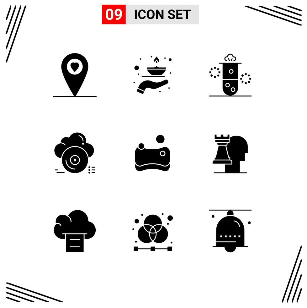 Mobile Interface Solid Glyph Set of 9 Pictograms of cleaning cloud radiation archive cd Editable Vector Design Elements