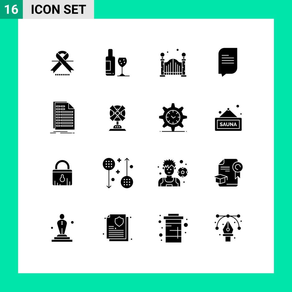 interfaz móvil conjunto de glifos sólidos de 16 pictogramas de factura excel ciudad factura conversación elementos de diseño vectorial editables vector