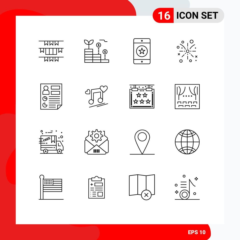 Set of 16 Vector Outlines on Grid for holiday fire money fire work mobile Editable Vector Design Elements