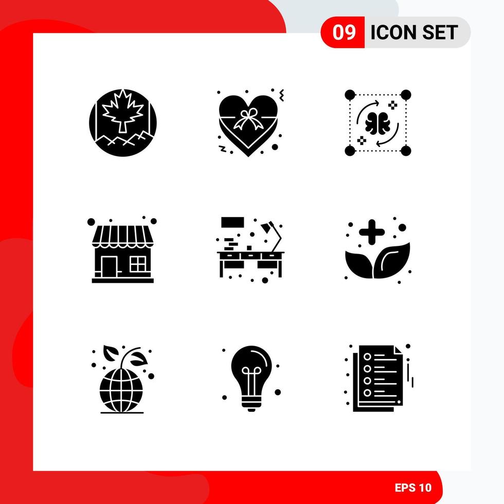9 Thematic Vector Solid Glyphs and Editable Symbols of office store process shop market Editable Vector Design Elements