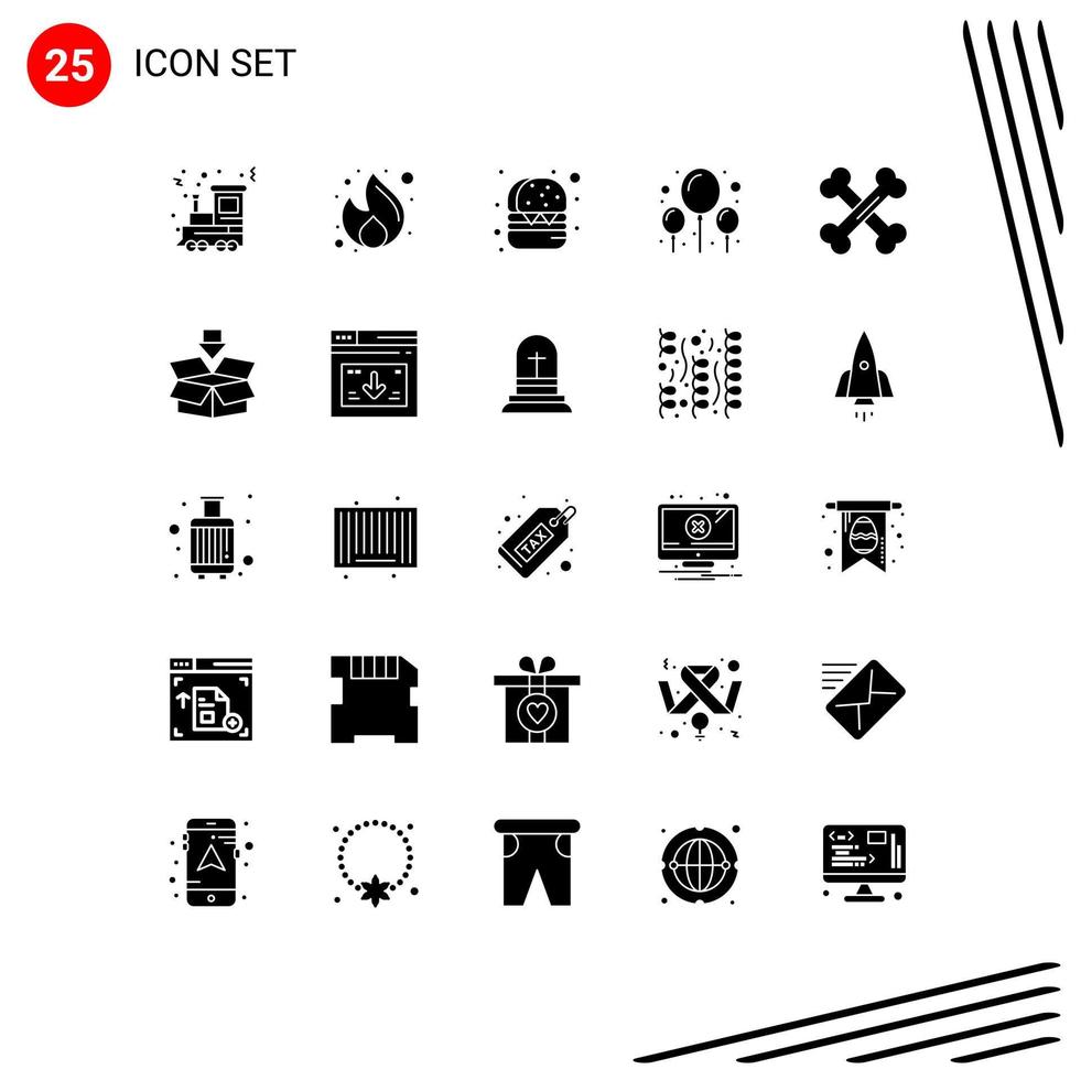 Set of 25 Commercial Solid Glyphs pack for lab biology seo party balloon Editable Vector Design Elements