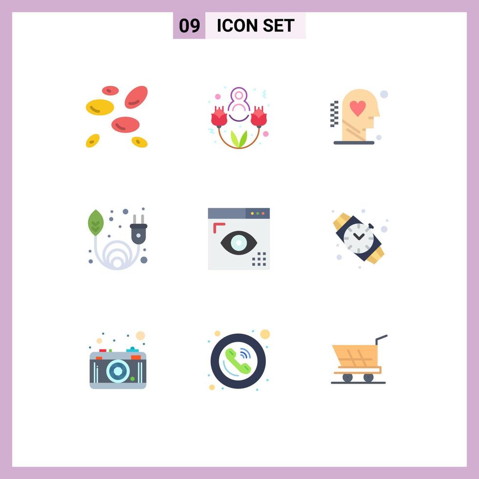 Set of 9 Vector Flat Colors on Grid for development coding head renewable clean energy Editable Vector Design Elements