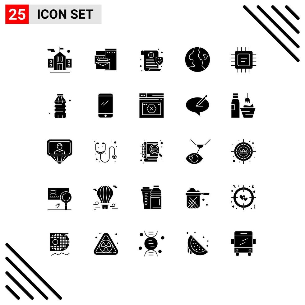 Editable Vector Line Pack of 25 Simple Solid Glyphs of bottle microchip data cpu globe Editable Vector Design Elements