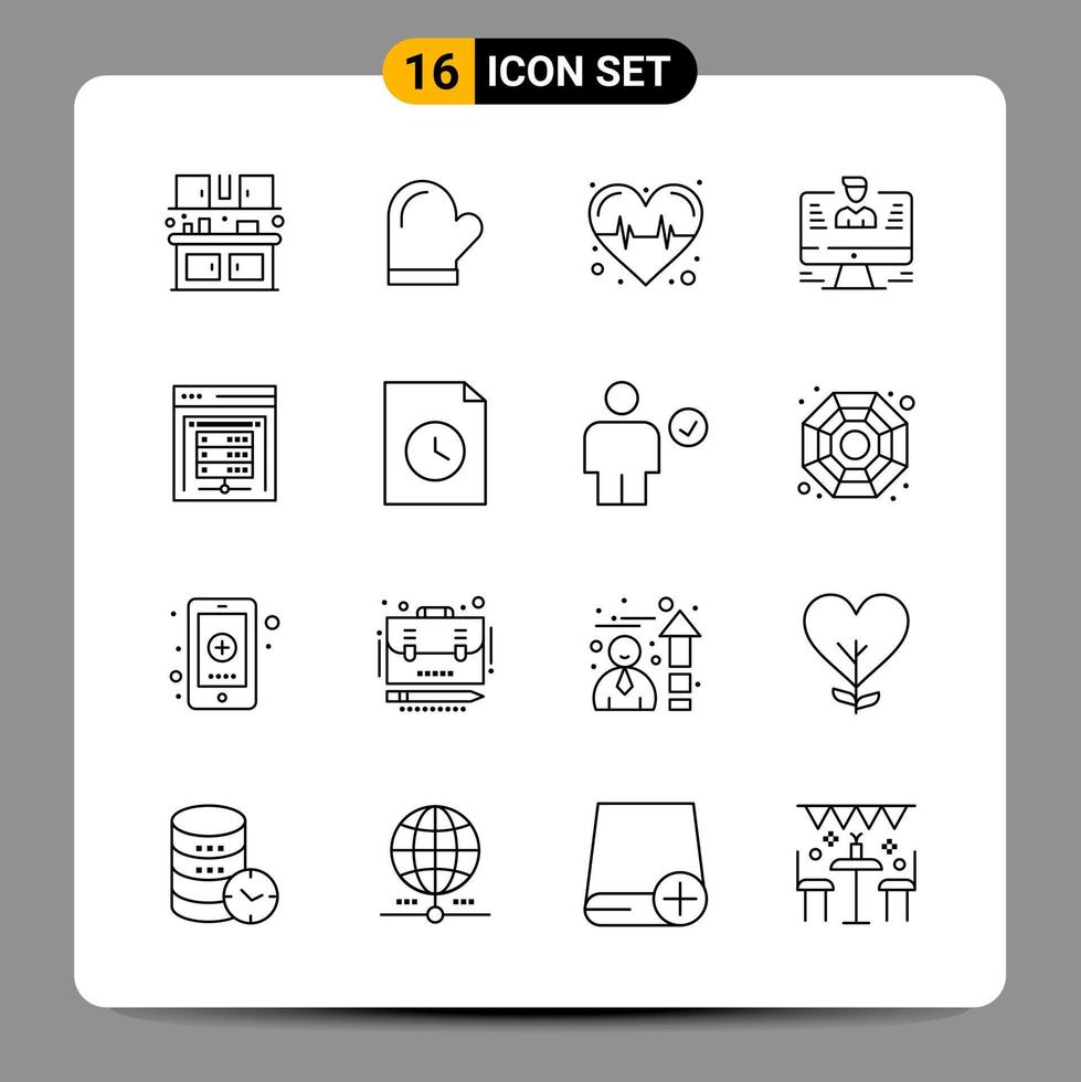 Paquete de 16 iconos negros símbolos de contorno signos para diseños receptivos sobre fondo blanco 16 iconos establecen fondo de vector de icono negro creativo