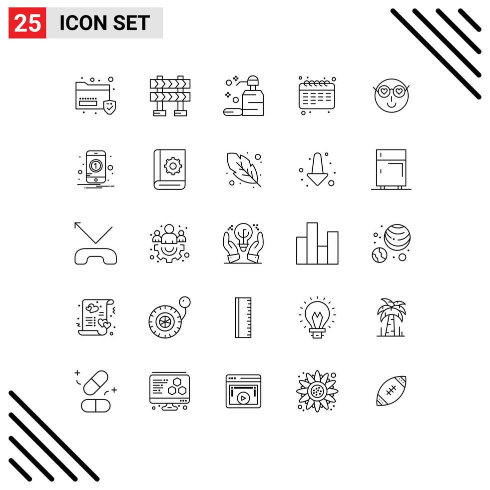 User Interface Pack of 25 Basic Lines of love smiley clean student education Editable Vector Design Elements