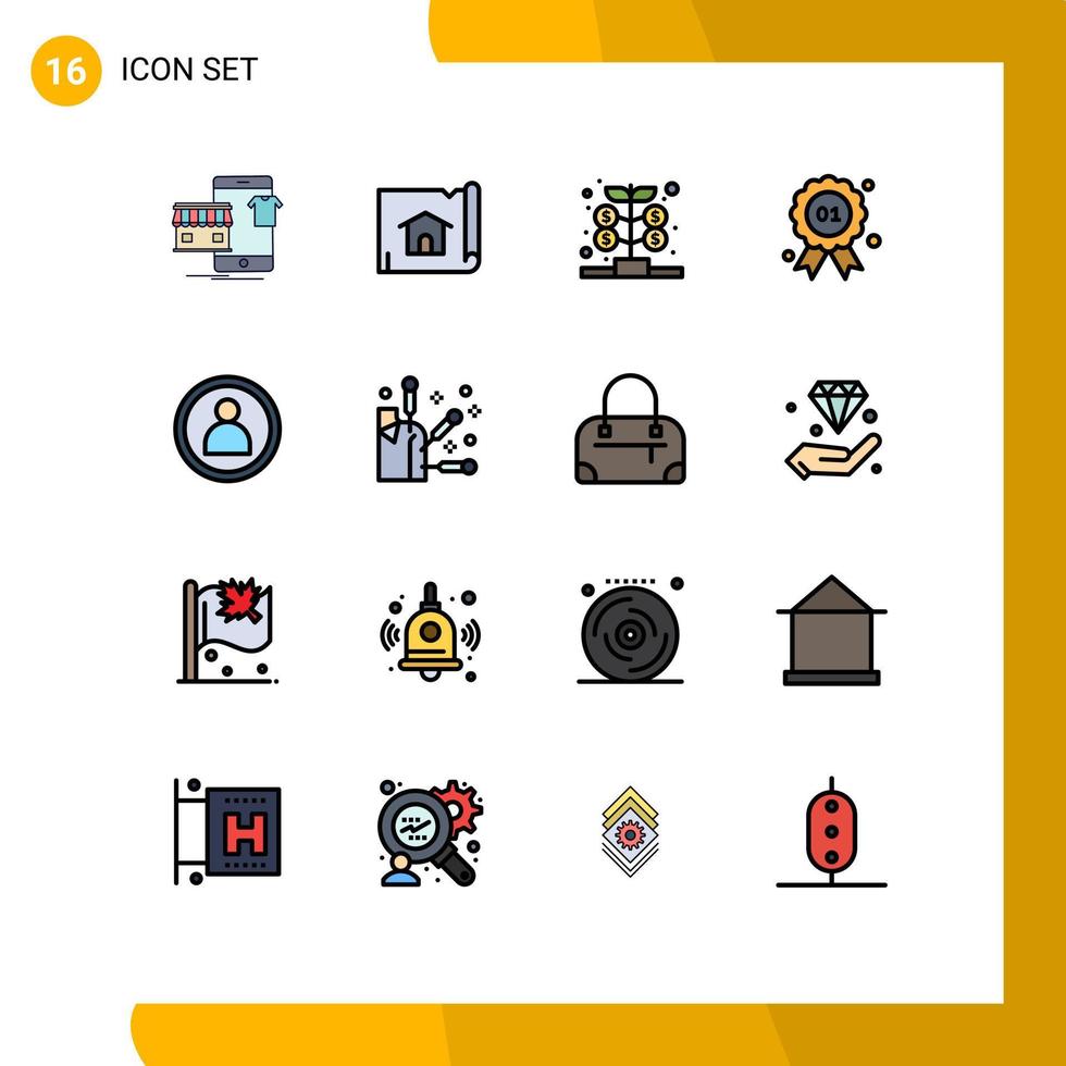 Pack of 16 Modern Flat Color Filled Lines Signs and Symbols for Web Print Media such as disc quality house badge money Editable Creative Vector Design Elements