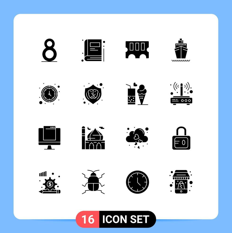 Pictogram Set of 16 Simple Solid Glyphs of design watch boat wall clock clock Editable Vector Design Elements