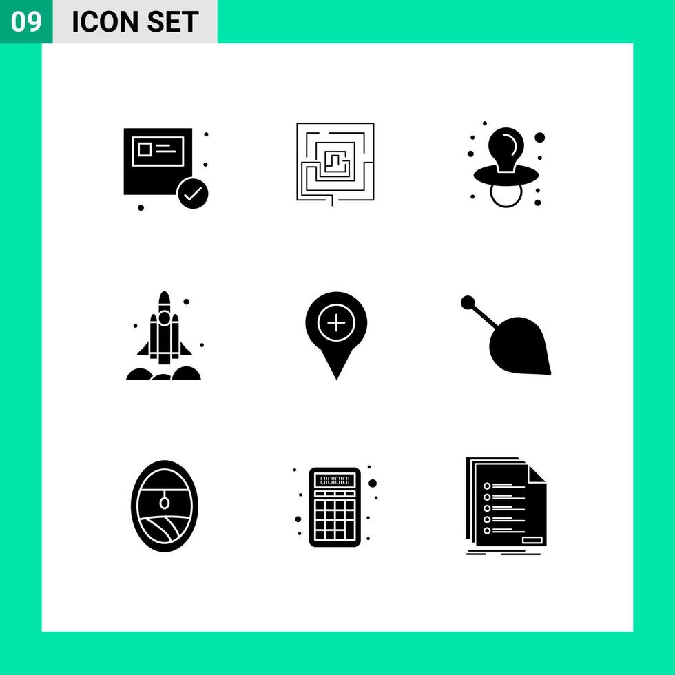 9 User Interface Solid Glyph Pack of modern Signs and Symbols of location transport puzzel spaceship launcher Editable Vector Design Elements