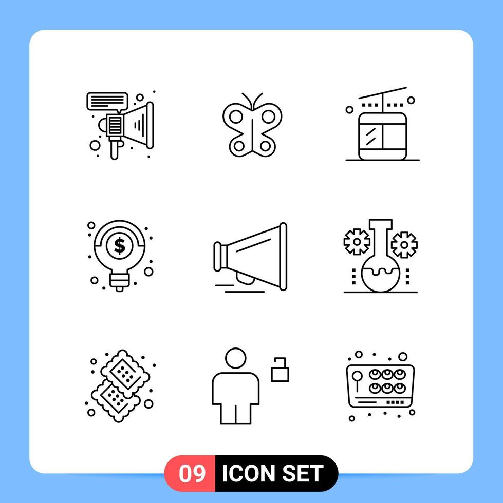 Paquete de iconos negros de 9 líneas símbolos de contorno para aplicaciones móviles aisladas en fondo blanco 9 iconos establecidos fondo de vector de icono negro creativo