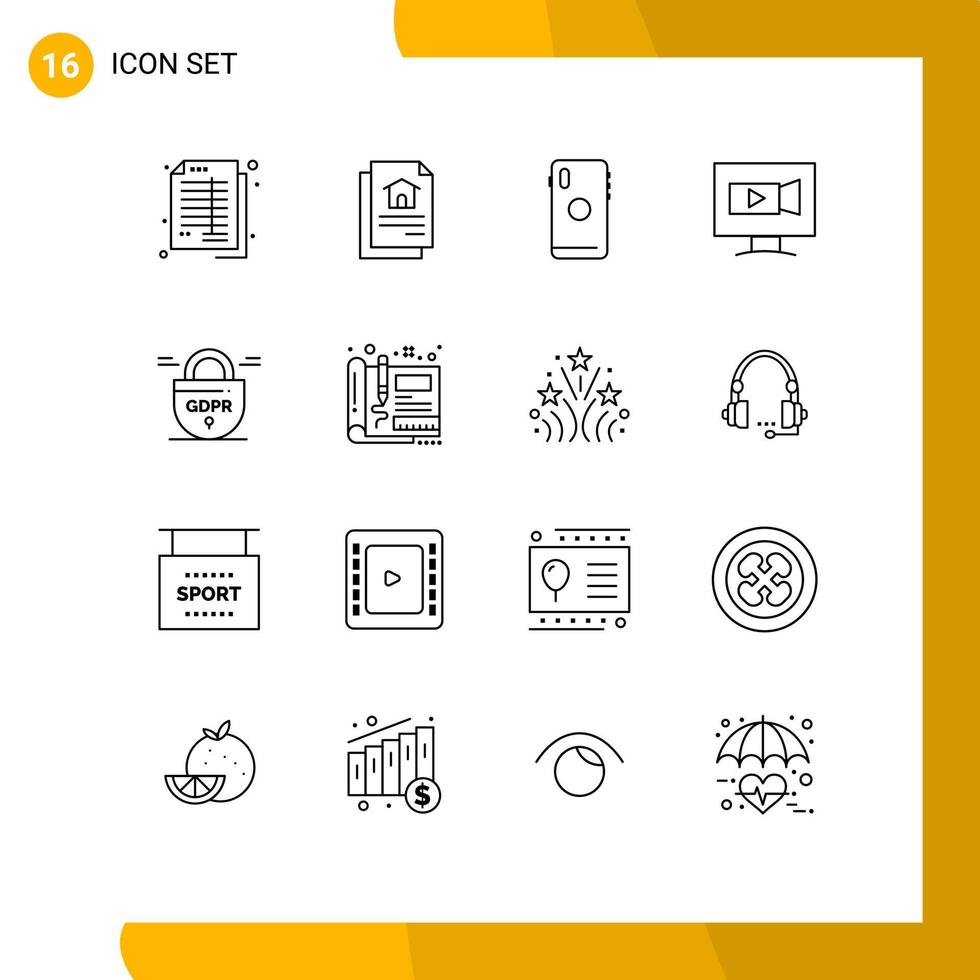 User Interface Pack of 16 Basic Outlines of data video phone screen camera Editable Vector Design Elements