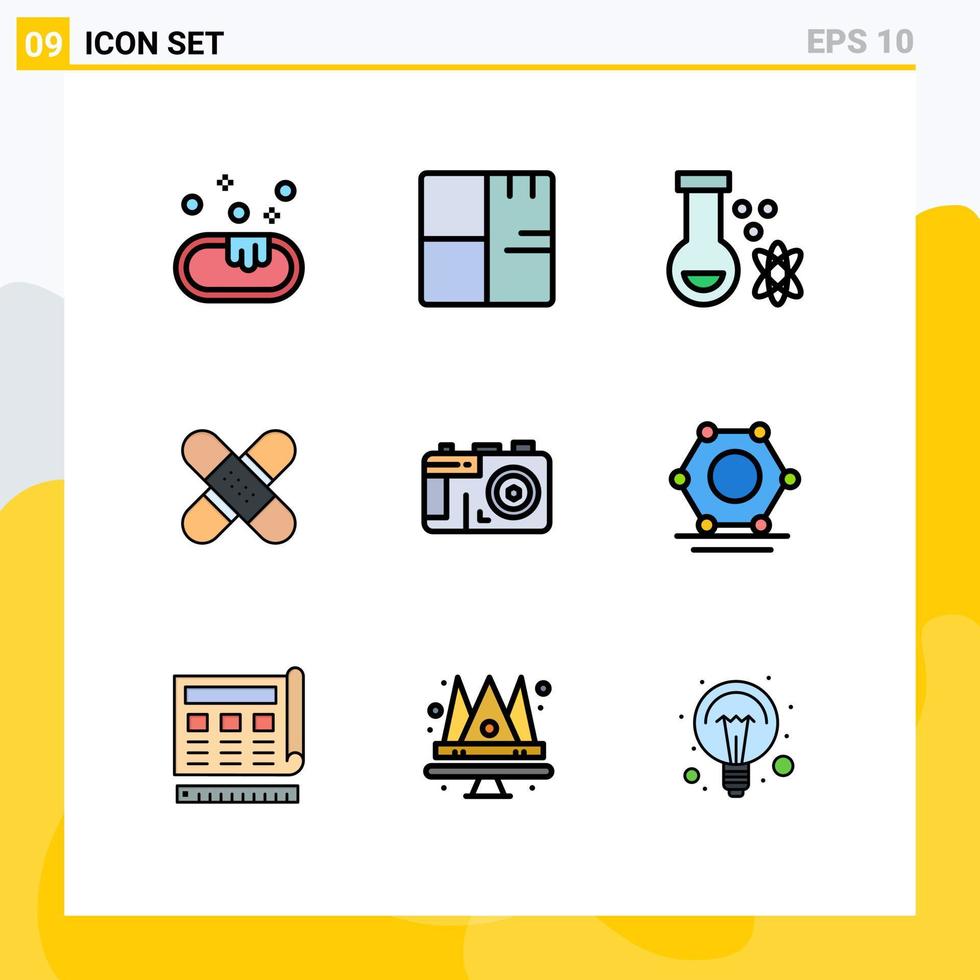 Universal Icon Symbols Group of 9 Modern Filledline Flat Colors of tape kit atom healthcare aid Editable Vector Design Elements