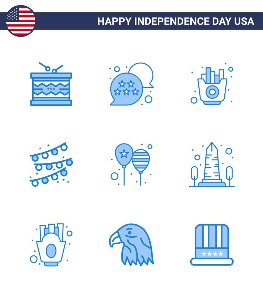 Set of 9 Modern Blues pack on USA Independence Day celebrate party bulb chat bubble party decoration chips Editable USA Day Vector Design Elements