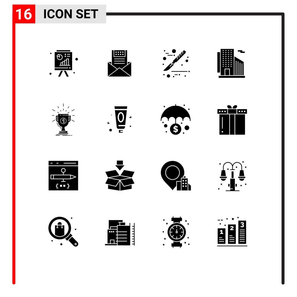Modern Set of 16 Solid Glyphs and symbols such as skyscraper building envelope surgery medical Editable Vector Design Elements